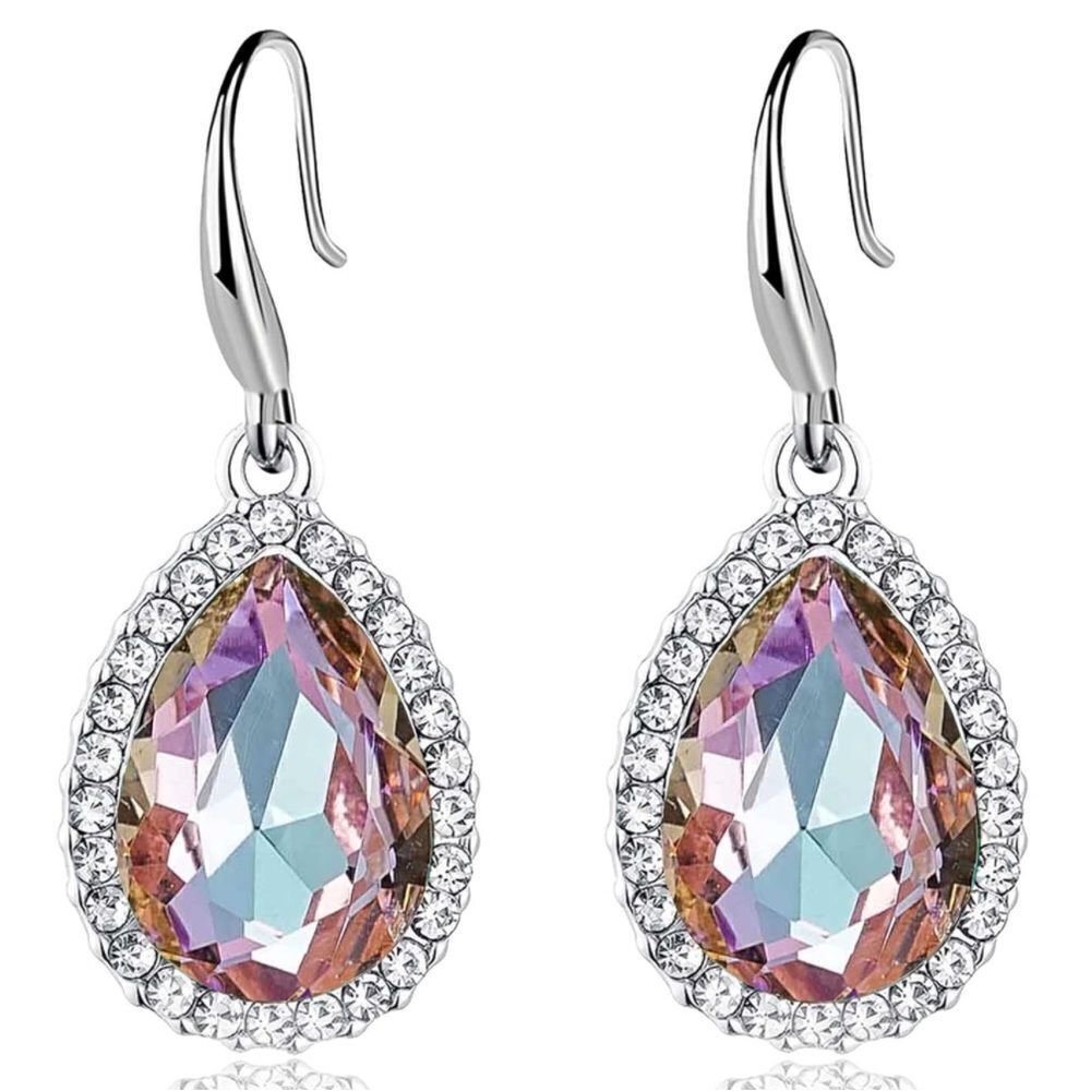 14K White Gold with Vitrail Light Austrian Crystal Teardrop Halo Hook Earrings